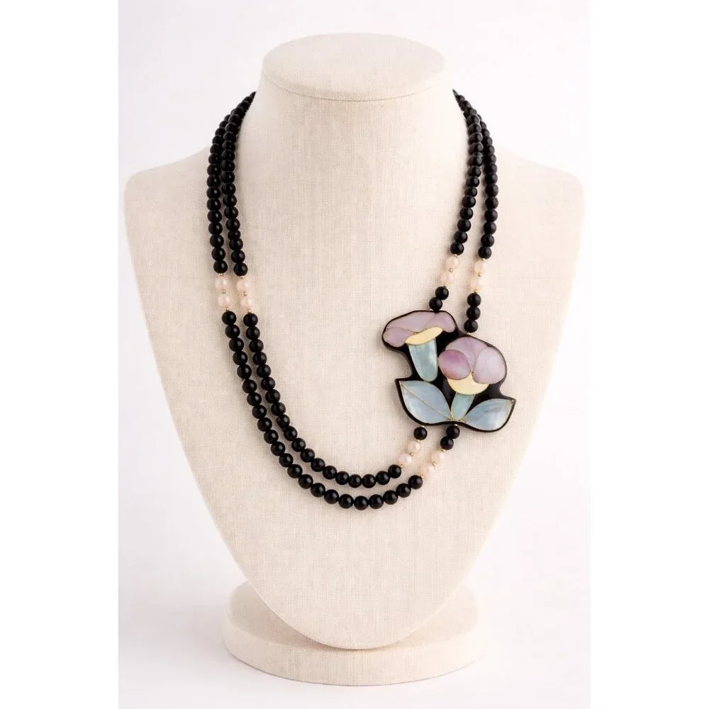 Anne Gee Black Beaded Mother Of Pearl Floral Statement Necklace - Picture 1 of 10